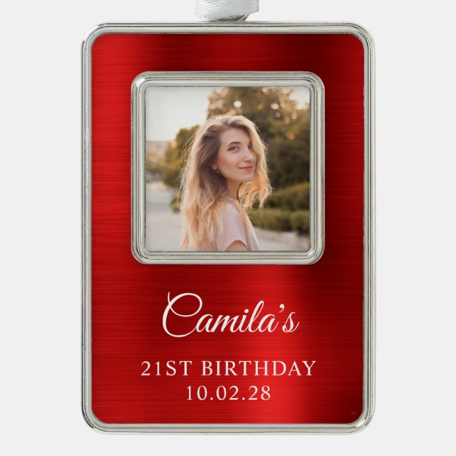 Adorno Faux Red Relieve metalizado 21st Birthday Photo (Anverso)