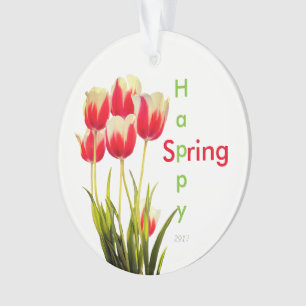 Adorno Felices Tulipanes Rojos de Primavera con Fecha de