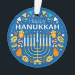 Adorno Feliz Día de Hanukkah<br><div class="desc">Celebrar ocho días y ocho noches del Festival de las Luces con tarjetas y regalos de Hanukkah. El festival de las luces está aquí. Encienda la menorah, juegue con el dreidel y festín sobre los lagos y los suganiots. Celebra el espíritu de Hanukkah con amigos, familia y seres queridos deseándoles...</div>