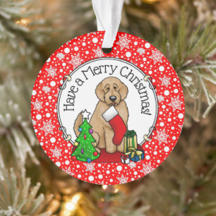 Adorno Feliz Navidad 2 Goldendoodle (rojo dorado) Cute