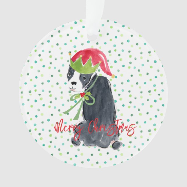 Adorno Feliz Navidad Bulldog francés Wreath Holly NOMBRE (Anverso)
