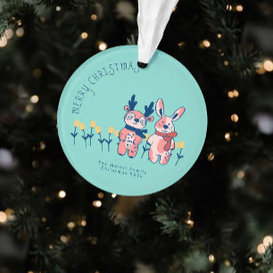 Adorno Feliz Navidad – Reno y Conejito sobre Verde Azul