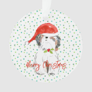 Adorno Feliz Navidad ShiTzu Perro Festive Santa Hat Holly