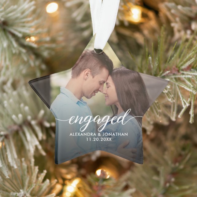 Adorno First Christmas Engaged White overlay Custom Photo (Árbol)
