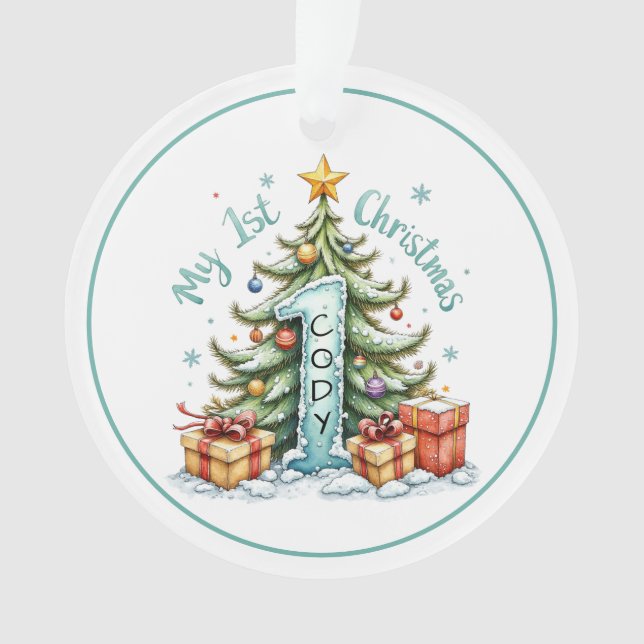 Adorno First Christmas Ornament – Snowy Tree & Gifts  (Anverso)