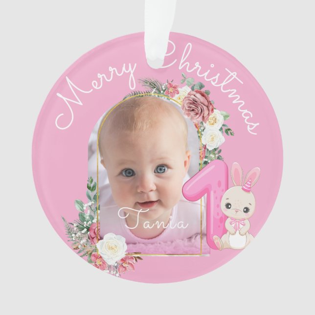 Adorno First Christmas Pink Baby Girl Photo floral (Anverso)