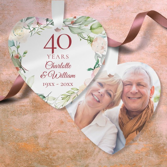 Adorno Floral acuarela 40° aniversario Boda foto (Watercolor Floral 40th Wedding Anniversary Photo Ornament)