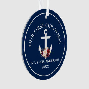 Adorno Floral de ancla náutica nuestro primer azul navid