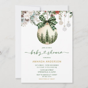 Adorno Floral de Plaid Verde para Invitación de Ba