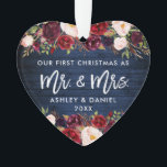 Adorno Floral ruidosa borgoñona primera Navidad azul<br><div class="desc">Madera azul rústica,  escritura de pincel moderna,  acuarela Borgoña Marsala Floral,  nuestra primera Navidad como Sr. y Sra. Boda Corazón Ornament</div>