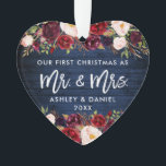 Adorno Floral ruidosa borgoñona primera Navidad azul<br><div class="desc">Madera azul rústica,  escritura de pincel moderna,  acuarela Borgoña Marsala Floral,  nuestra primera Navidad como Sr. y Sra. Boda Corazón Ornament</div>