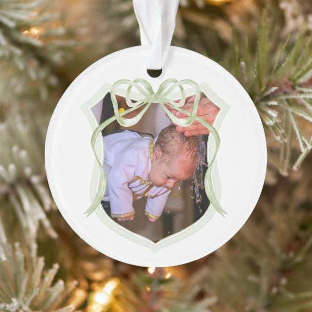 Adorno Foto de bautismo de Escudo Sage Green Bow (Árbol)