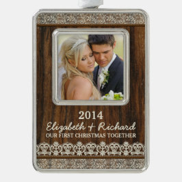 Adorno Foto de la primera Navidad Rustic Wood Lace