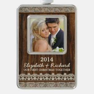 Adorno Foto de la primera Navidad Rustic Wood Lace