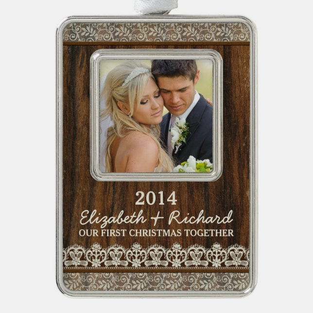 Adorno Foto de la primera Navidad Rustic Wood Lace (Anverso)