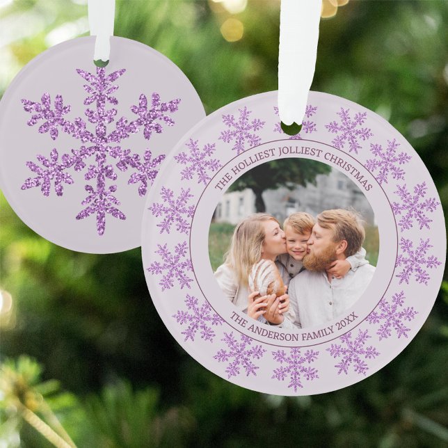 Adorno Foto de la ronda de Navidades de Snowflake Purple  (Double sided Christmas ornament with your photo and text & a single purple snowflake on the reverse)