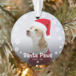 Adorno Foto de Navidades Mascotas Cute Santa Paws<br><div class="desc">Celebra la temporada festiva con un adorable Mascota Foto Ornamento de Navidad. El diseño incluye el gracioso texto 'Santa Paws',  el nombre y año de sus mascotas. Decorada con adorables estampados de pata blanca enmarcando la imagen.</div>
