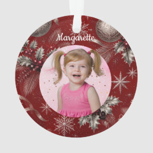 Adorno Foto de niña de unicornio de Navidad color carmesí