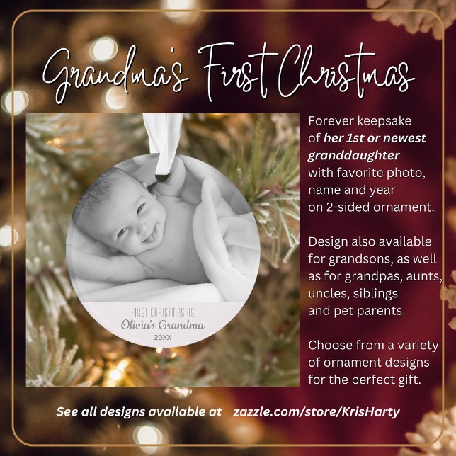 Adorno Foto de nombre personalizado de los primeros Navid (Grandma's First Christmas with 1st or newest granddaughter. Gift her this forever keepsake.)