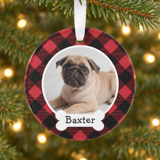 Adorno Foto de perro de Navidad con cuadros de búfalo Roj