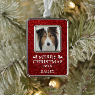 Adorno Foto de perro Feliz Navidad Purpurina Roja Nombre