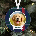 Adorno Foto de perro Personalizado de la Marina roja verd<br><div class="desc">La decoración perfecta para los amantes del perro en familia. Este elegante y festivo adorno de vacaciones cuenta con una foto favorita de su perro cachorro con una placa de hueso de perro que puede personalizarse con su nombre y un fondo clásico de lona escocesa azul marino, verde cazador y...</div>