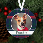 Adorno Foto de perro Personalizado de la Marina roja verd<br><div class="desc">La decoración perfecta para los amantes de las mascotas en familia. El adorno festivo elegante y festivo incluye una foto favorita de su perro cachorro (u otro mascota) con un texto en monograma verde cazador que puede ser personalizado con su nombre y un fondo clásico azul marino, verde cazador y...</div>