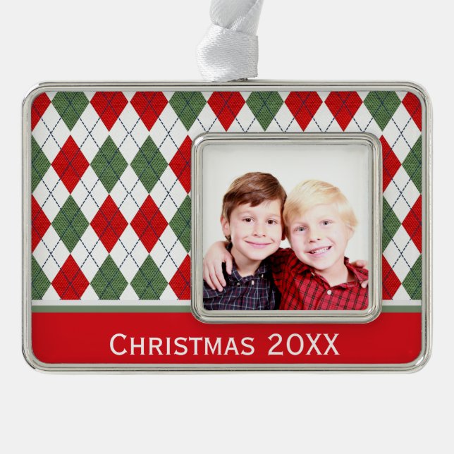 Adorno Foto de Personalizado Verde y Rojo Argyle (Anverso)