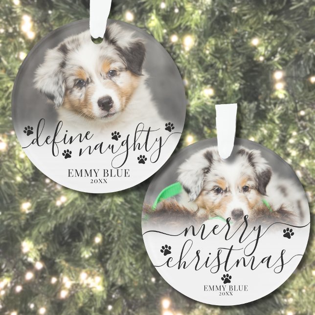 Adorno Foto divertida de perro de mascota en Navidad (Funny Define Naughty Pet Photo Dog Christmas Ornament)