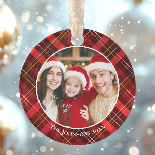Adorno Foto Familiar de Navidad con Cuadros Escoceses Roj