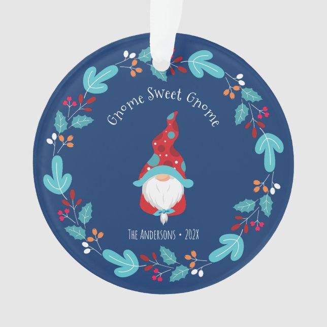 Adorno Foto Gnome Sweet Gnome Floral Wreath Elf Blue (Anverso)