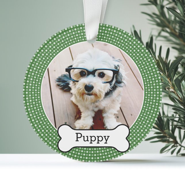 Adorno Foto mascota con Hueso de perro - puntos de polka  (Personalized Photo Ornament - Pet Theme)