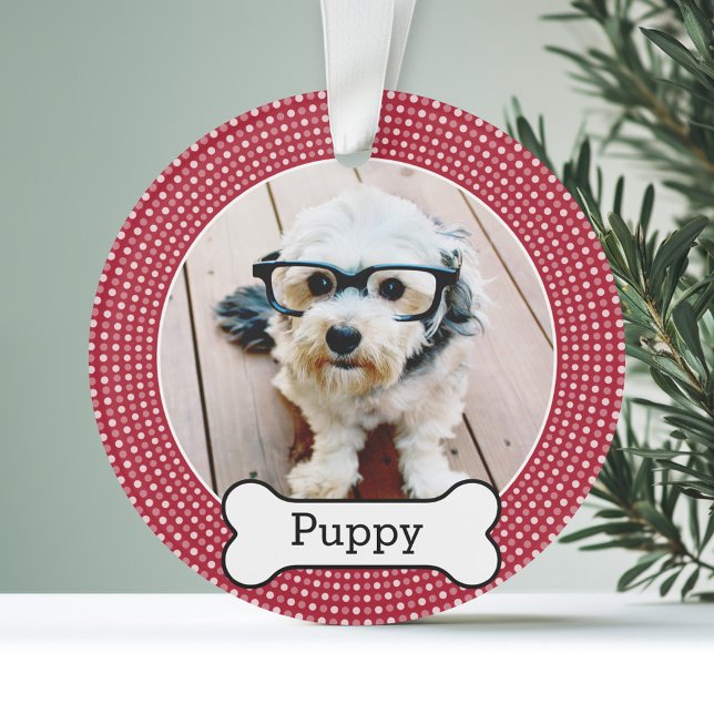 Adorno Foto mascota con Hueso de perro - puntos rojos de  (Personalized Photo Ornament - Pet Theme)