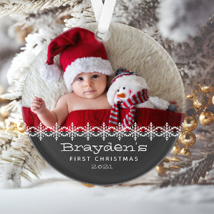 Adorno Foto Personalizada Gris Primera Navidad del Bebe