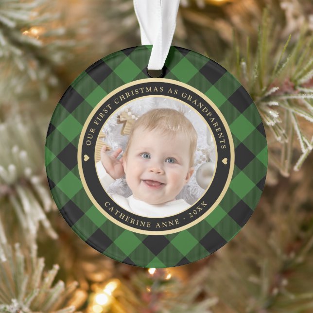 Adorno Foto Rustic Green Black Plaid First Grandfather (Árbol)