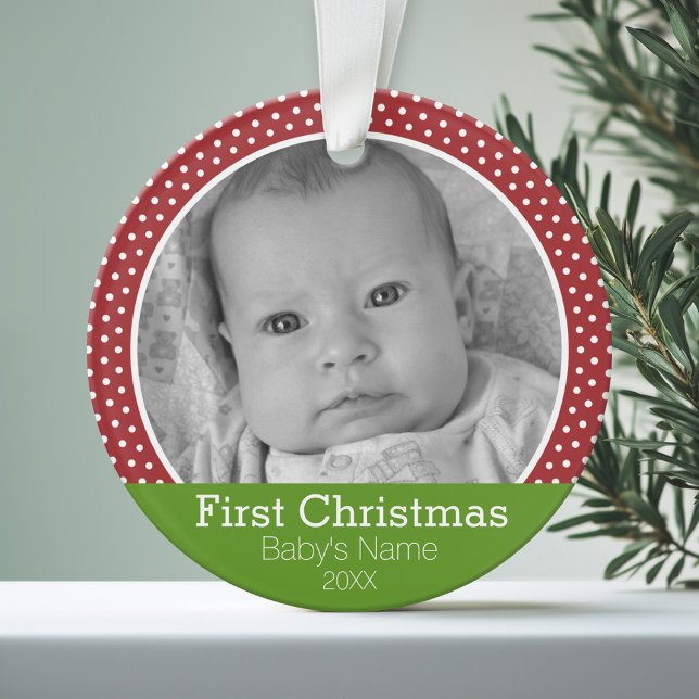 Adorno Fotografía de los primeros puntos de polka verde/r (Personalized Photo Ornament)