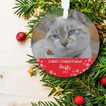 Adorno Fotos de gatos de nieve por primera vez en Navidad<br><div class="desc">Gato primera foto de copos de nieve navideños adorno navideño navideño. Puede agregar sus propias fotos y nombres para personalizar.</div>
