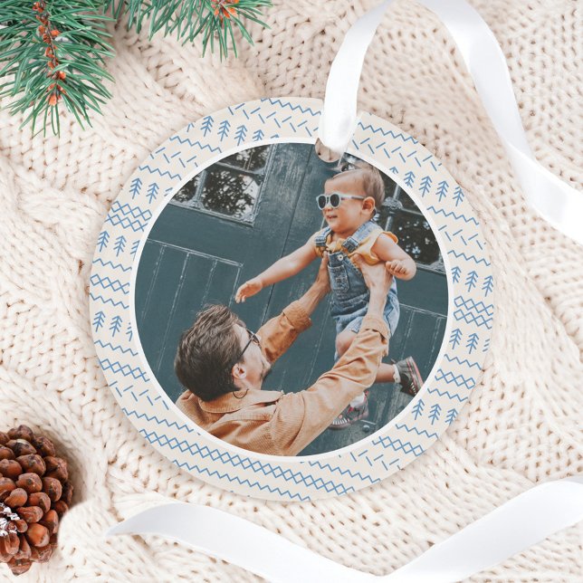 Adorno Fun Festive Blue Knited Stitched Foto (Fun Festive Blue Knitted Stitched Pattern Photo Ornament)