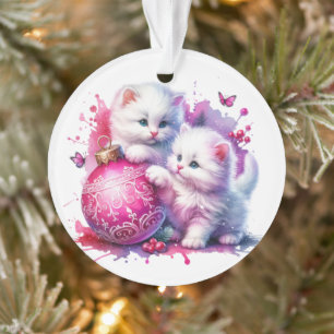 Adorno Gatitos blancos lindos jugando con la Navidad rosa