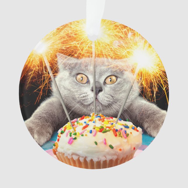 Adorno Gato Con Pastel De Esparkler (Anverso)