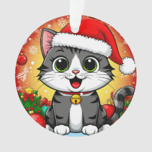 Adorno Gato de dibujos animados con sombrero de Santa con