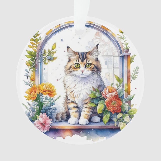 Adorno Gato lindo en la ventana de flores personalizado (Anverso)
