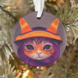 Adorno Gato naranja con Gorra de bruja morada Halloween