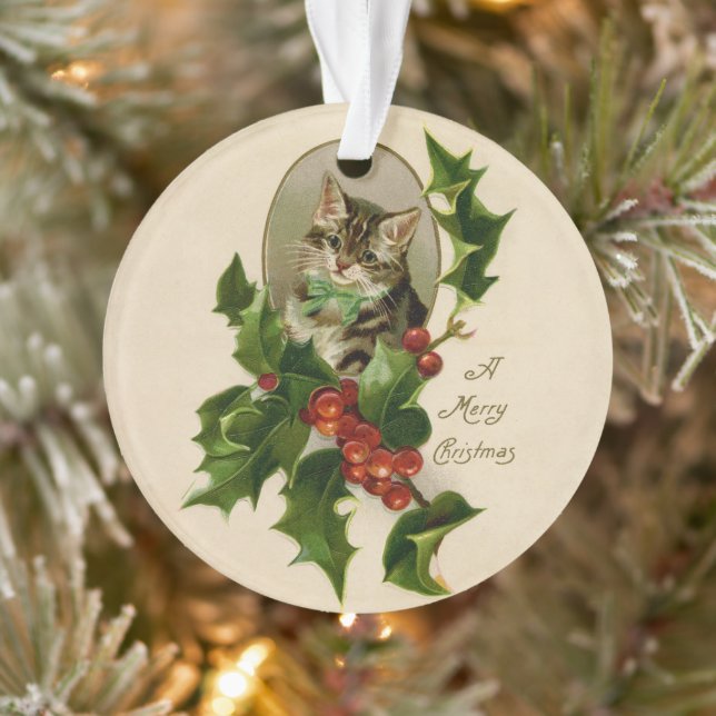 Adorno Gato Navidades Merry Holly Kitten Arte Antiguo (Árbol)