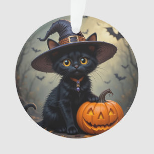 Adorno Gato negro adorable que lleva sombrero de bruja