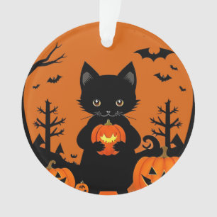 Adorno Gato negro lindo con calabazas de Halloween