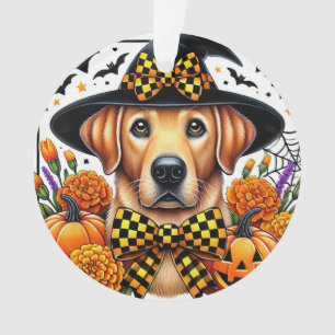 Adorno Golden Retriever con sombrero de bruja junto a cal