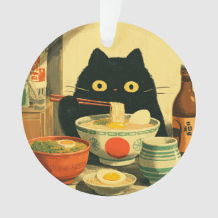 Adorno Gracioso gato negro comiendo Ramen
