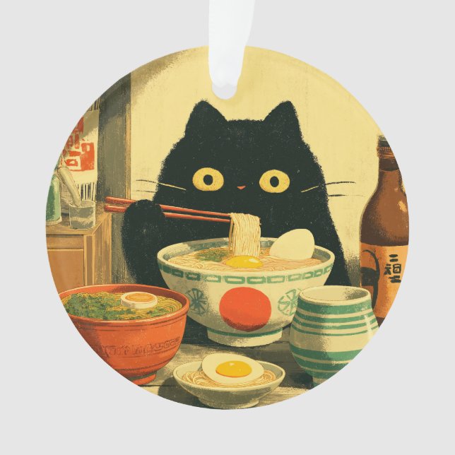 Adorno Gracioso gato negro comiendo Ramen (Anverso)