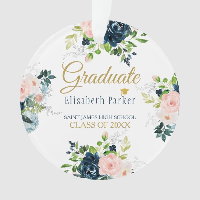 Adorno Graduación | FOTO Elegante azul y oro floral (Anverso)